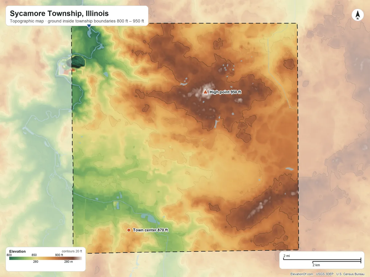 Topographic elevation map of Sycamore Township, Illinois, shaded from 800 ft on the north side to 950 ft on the northeast side