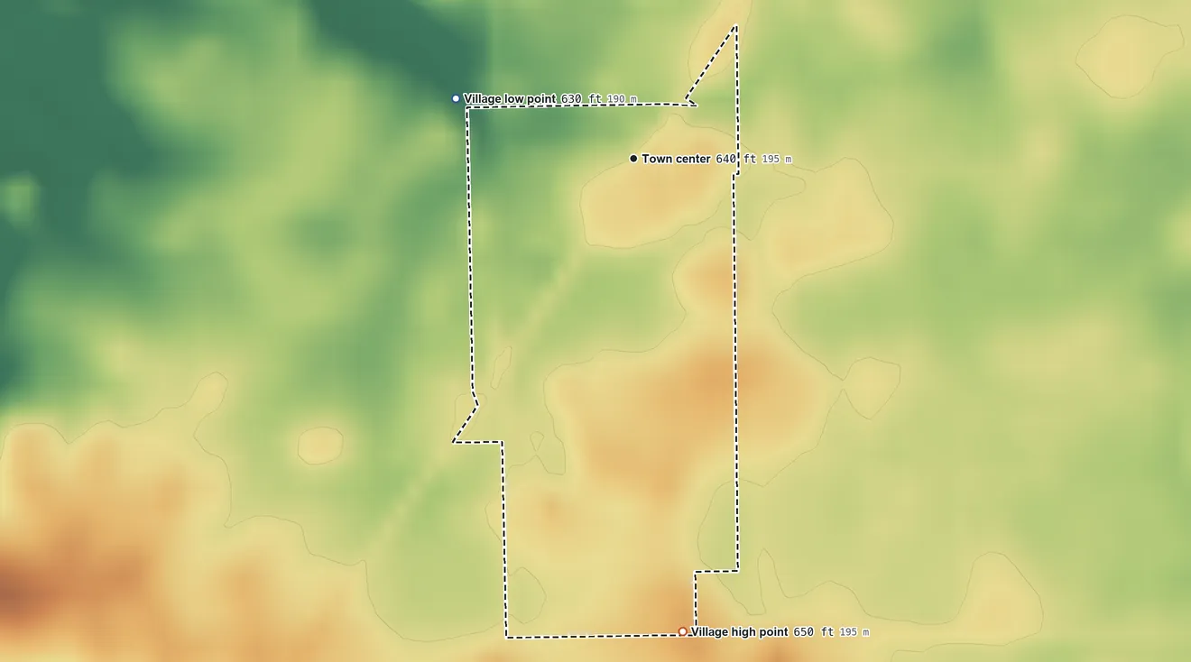 Topographic elevation map of Symerton, Illinois, shaded from 630 ft on the west side to 650 ft on the south side