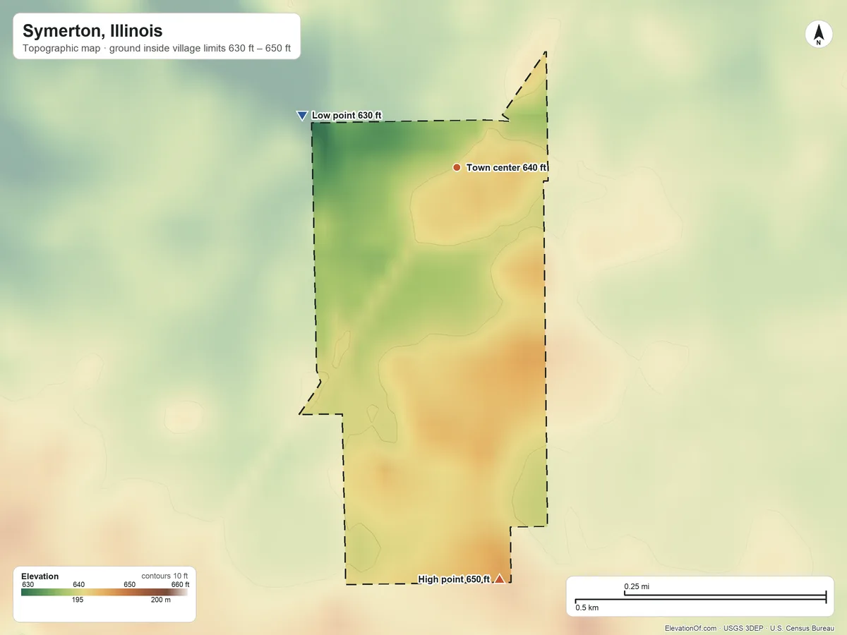Topographic elevation map of Symerton, Illinois, shaded from 630 ft on the west side to 650 ft on the south side