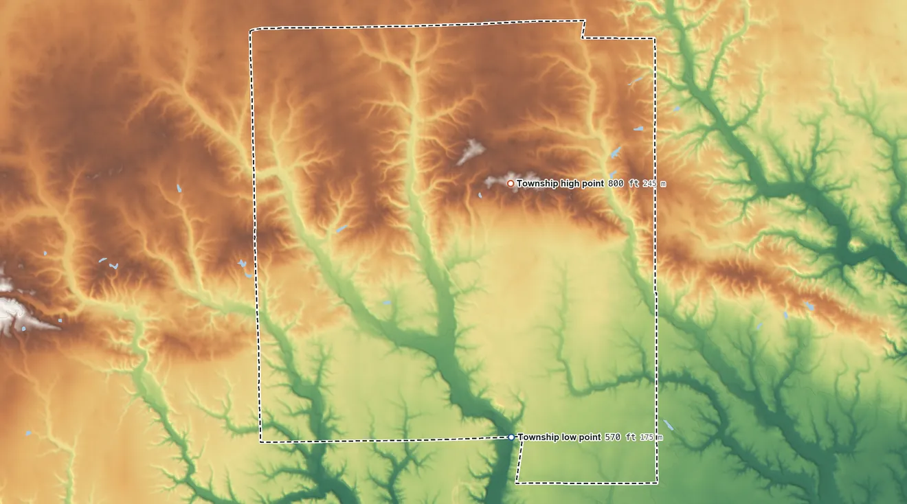 Topographic elevation map of Symmes Township, Illinois, shaded from 570 ft on the south side to 800 ft near the middle