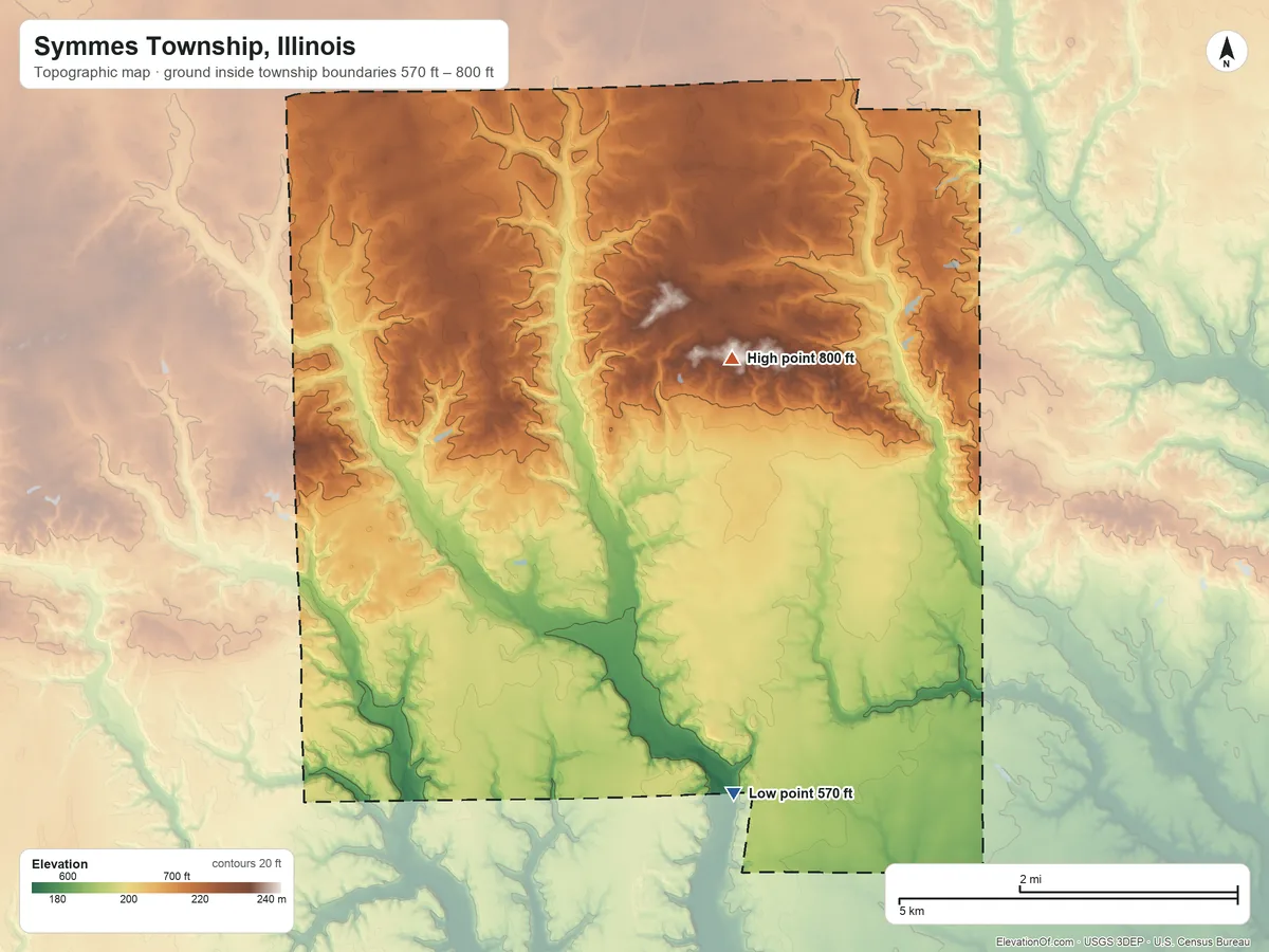 Topographic elevation map of Symmes Township, Illinois, shaded from 570 ft on the south side to 800 ft near the middle