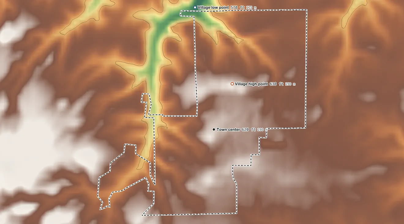 Topographic elevation map of Tallula, Illinois, shaded from 570 ft on the north side to 630 ft on the north side