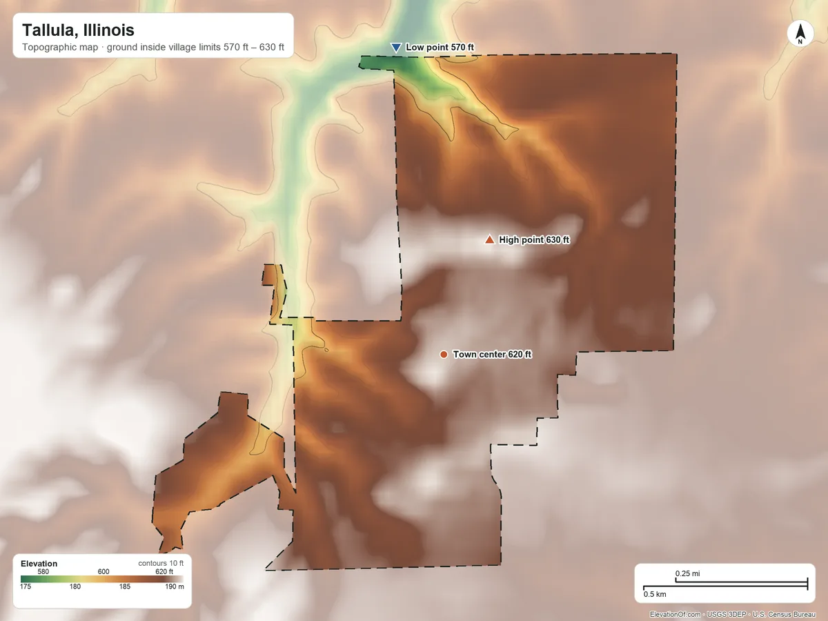 Topographic elevation map of Tallula, Illinois, shaded from 570 ft on the north side to 630 ft on the north side