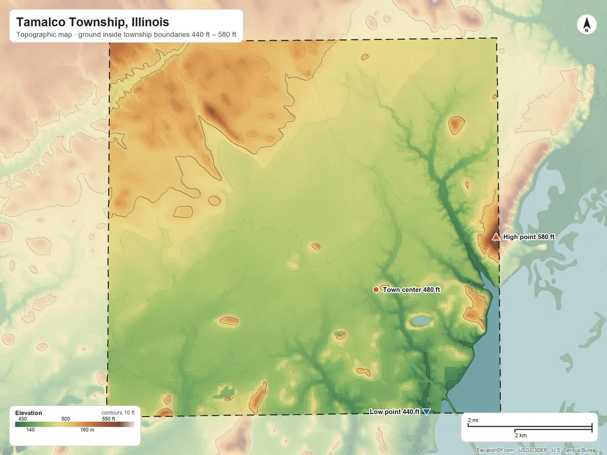 Topographic elevation map of Tamalco Township, Illinois, shaded from 440 ft on the southeast side to 580 ft on the northeast side