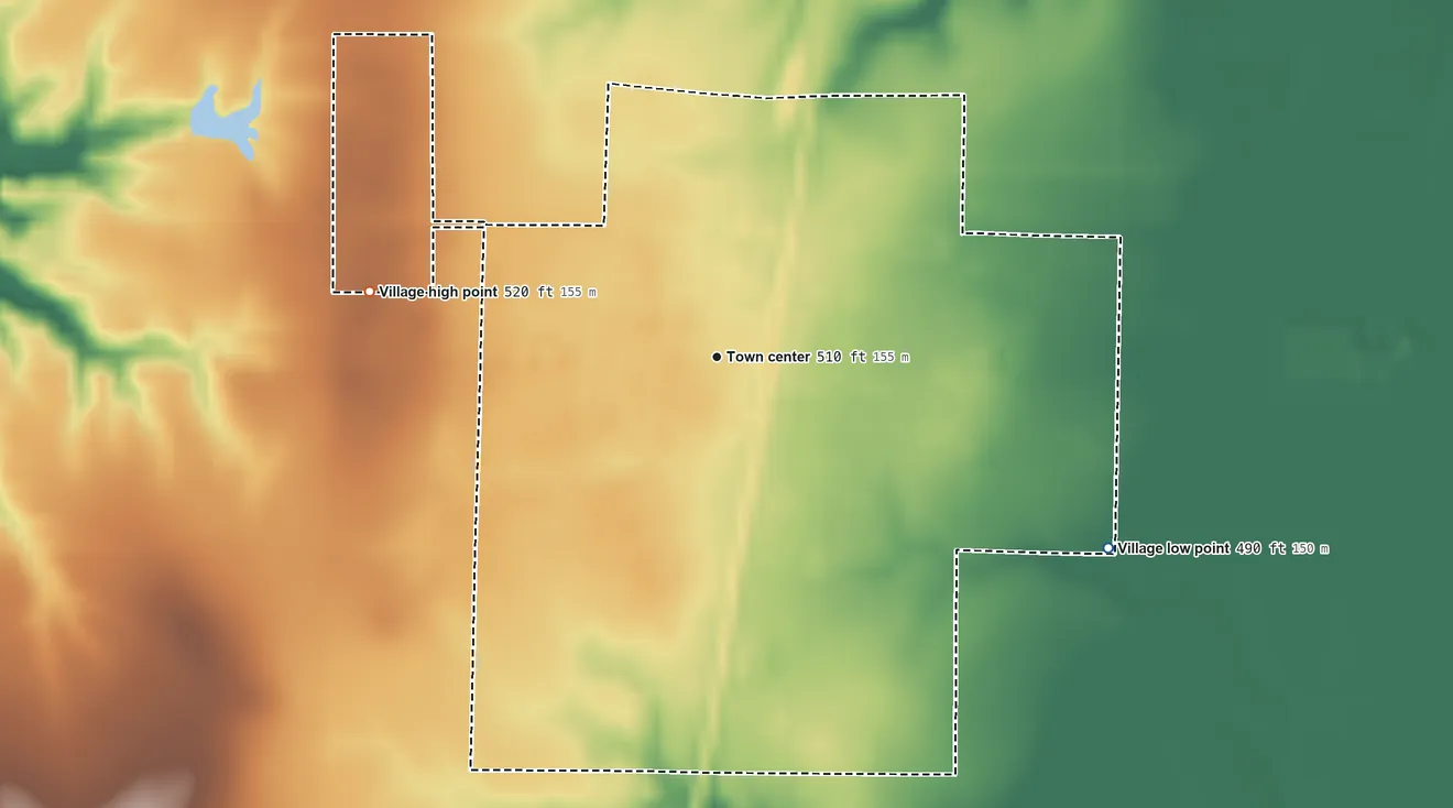 Topographic elevation map of Tamaroa, Illinois, shaded from 490 ft on the southeast side to 520 ft on the west side