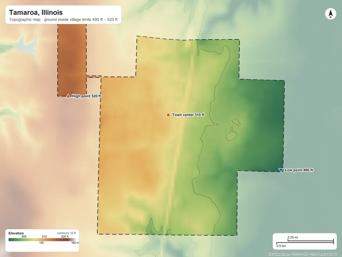 Topographic elevation map of Tamaroa, Illinois, shaded from 490 ft on the southeast side to 520 ft on the west side
