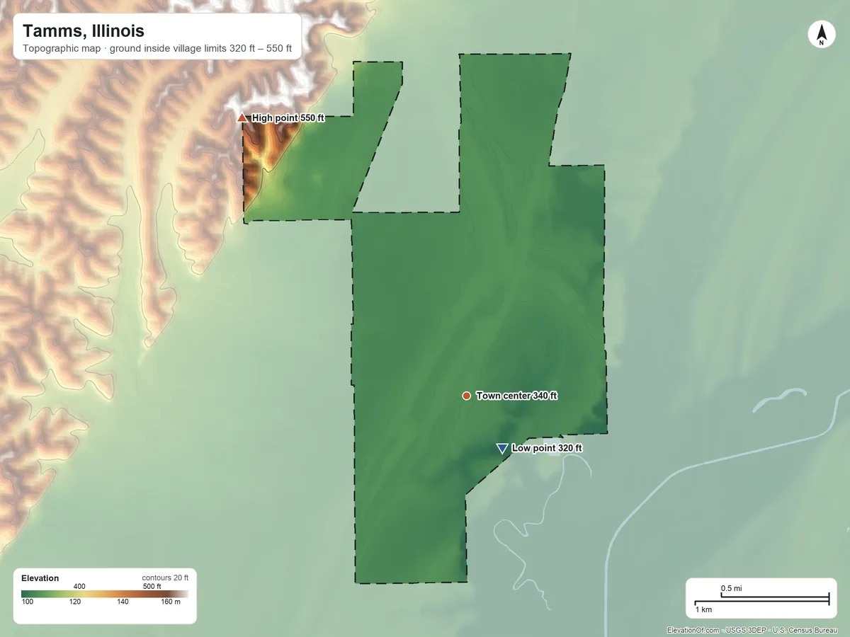 Topographic elevation map of Tamms, Illinois, shaded from 320 ft near the middle to 550 ft on the northwest side