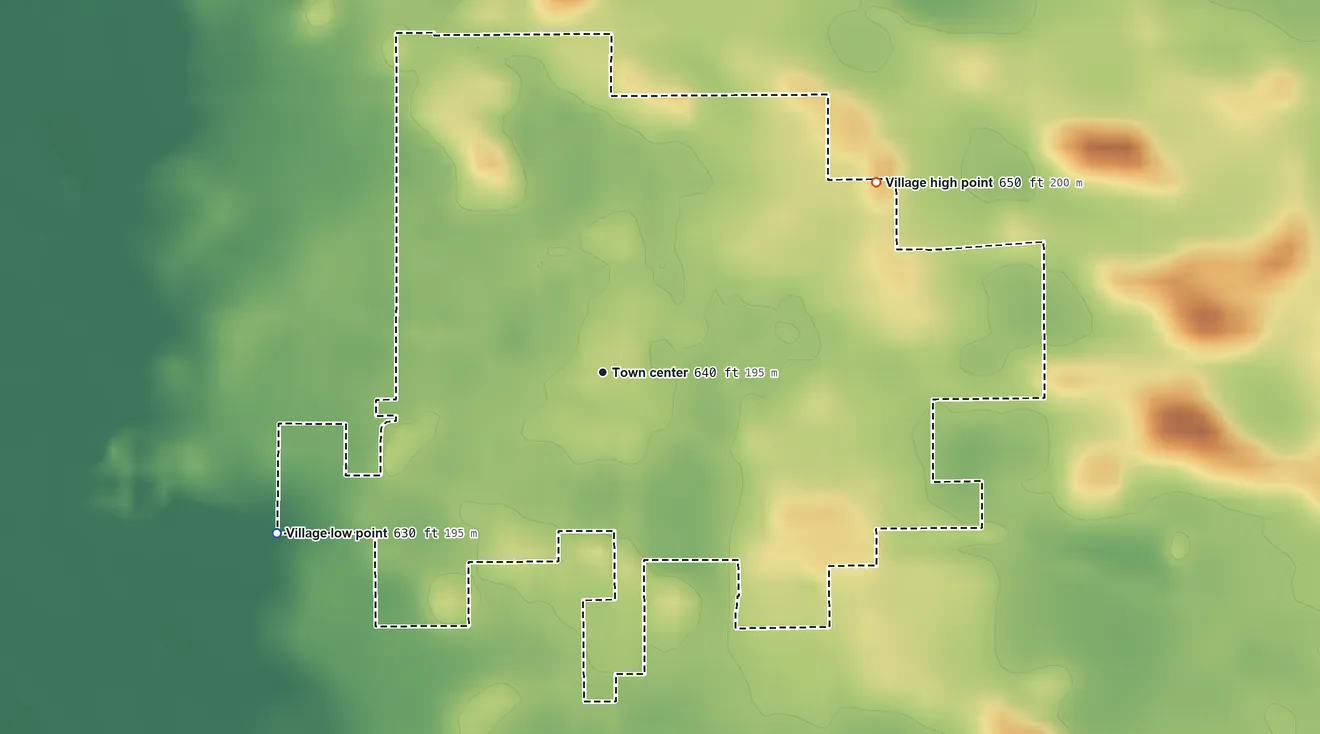 Topographic elevation map of Tampico, Illinois, shaded from 630 ft on the southwest side to 650 ft on the northeast side