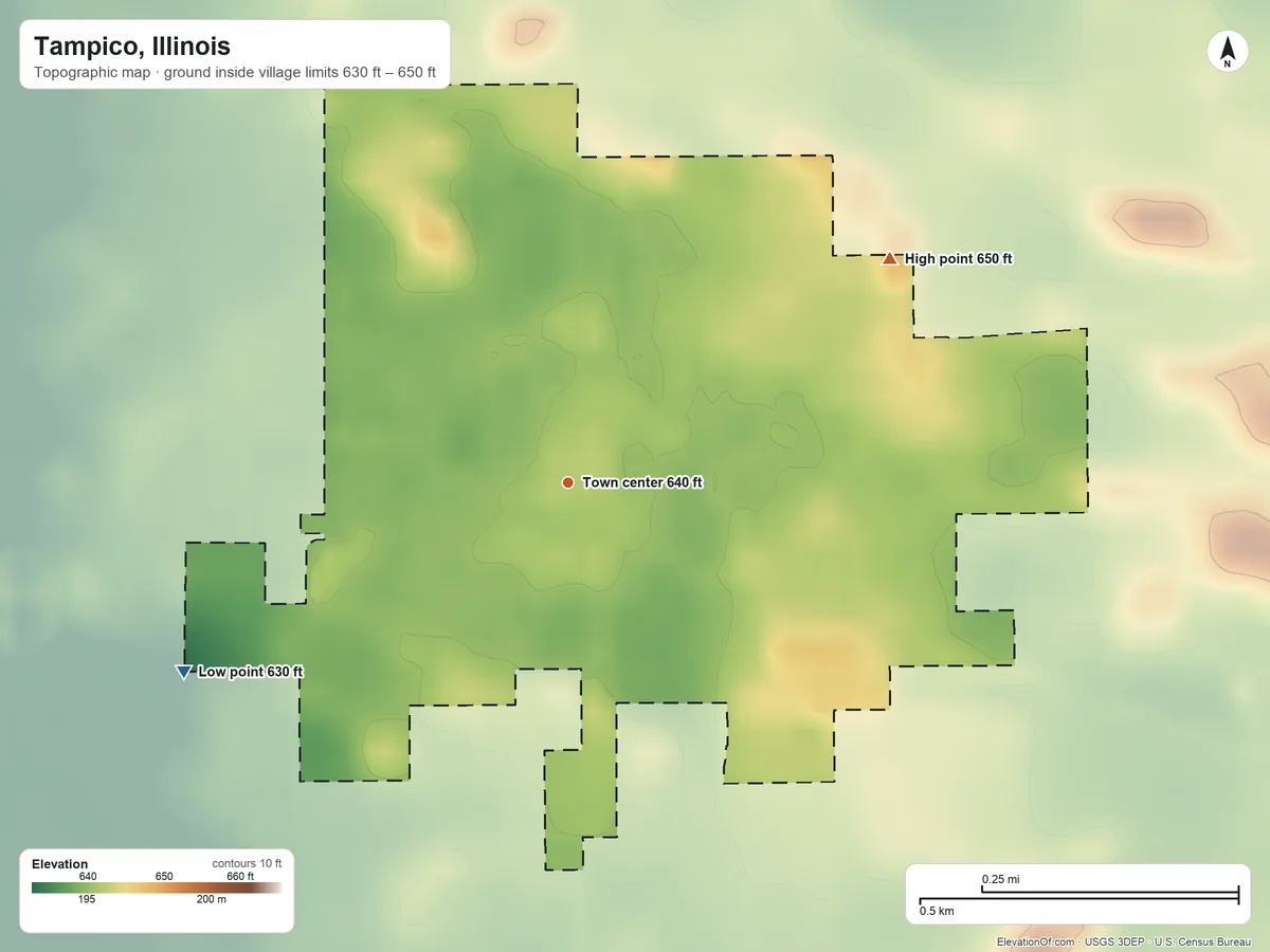 Topographic elevation map of Tampico, Illinois, shaded from 630 ft on the southwest side to 650 ft on the northeast side