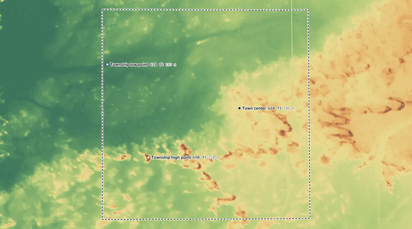 Topographic elevation map of Tampico Township, Illinois, shaded from 610 ft on the west side to 690 ft on the southwest side