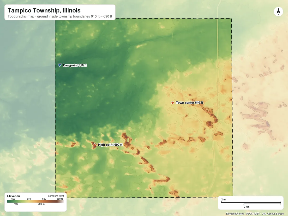 Topographic elevation map of Tampico Township, Illinois, shaded from 610 ft on the west side to 690 ft on the southwest side