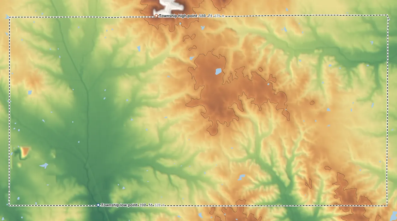 Topographic elevation map of Tate Township, Illinois, shaded from 390 ft on the southwest side to 580 ft on the northwest side