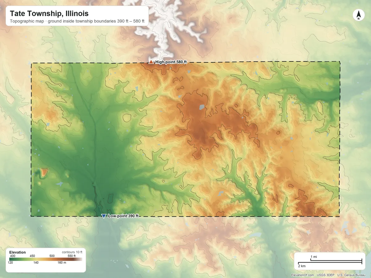 Topographic elevation map of Tate Township, Illinois, shaded from 390 ft on the southwest side to 580 ft on the northwest side