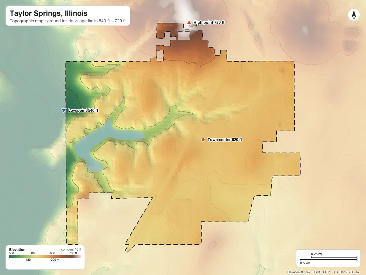 Topographic elevation map of Taylor Springs, Illinois, shaded from 540 ft on the west side to 720 ft on the north side