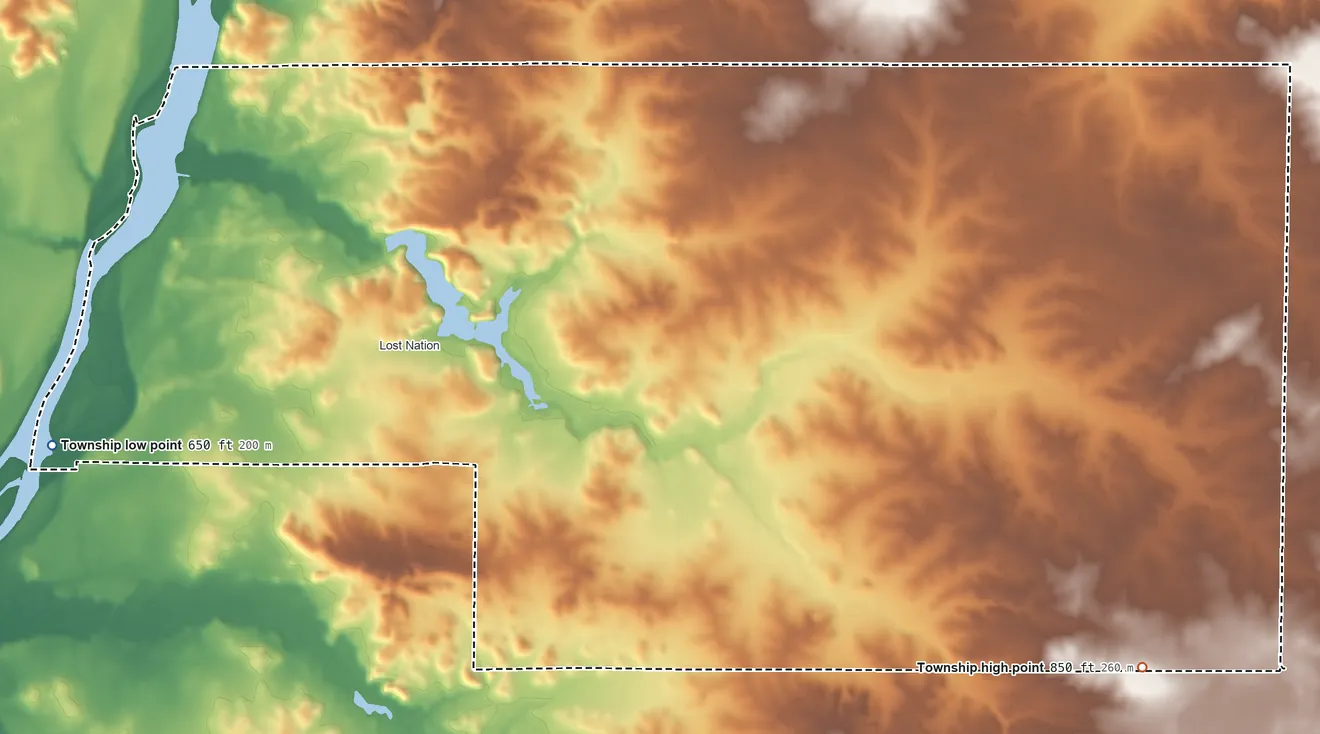 Topographic elevation map of Taylor Township, Illinois, shaded from 650 ft on the west side to 850 ft on the southeast side