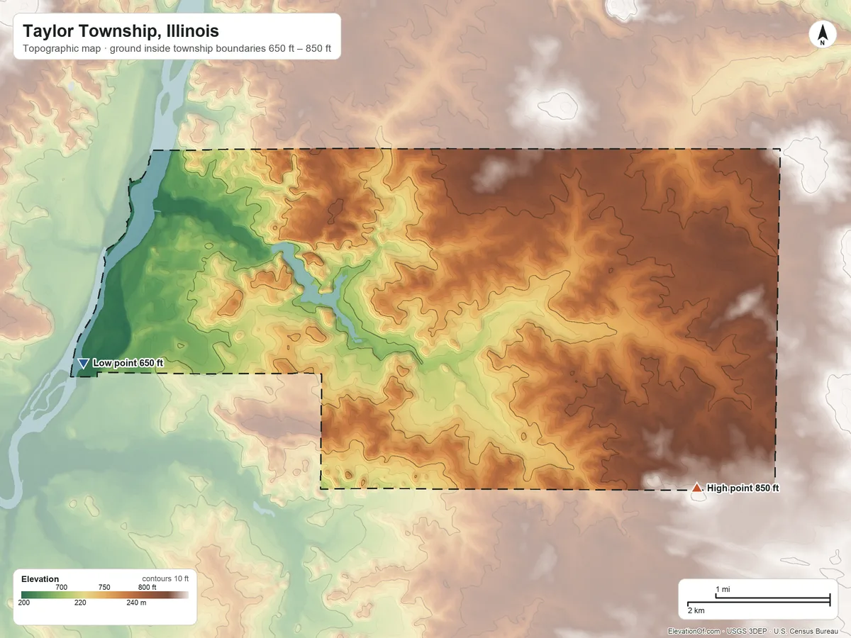 Topographic elevation map of Taylor Township, Illinois, shaded from 650 ft on the west side to 850 ft on the southeast side