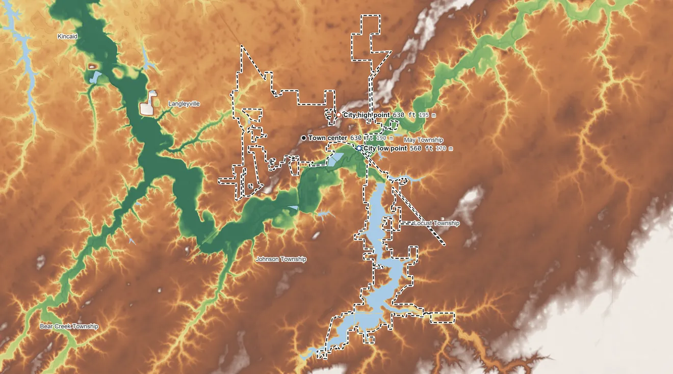 Topographic elevation map of Taylorville, Illinois, shaded from 560 ft on the east side to 630 ft on the northeast side