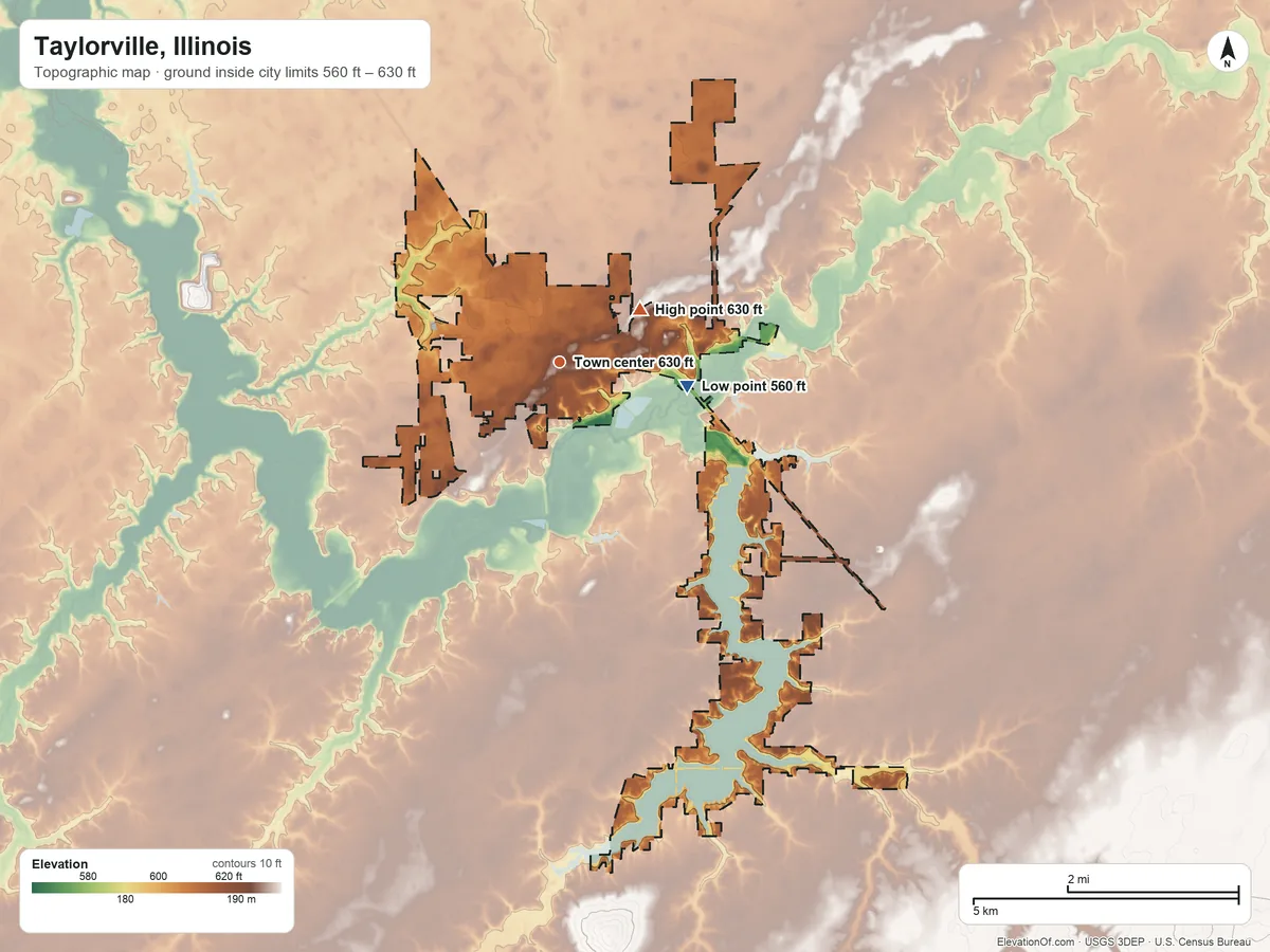 Topographic elevation map of Taylorville, Illinois, shaded from 560 ft on the east side to 630 ft on the northeast side