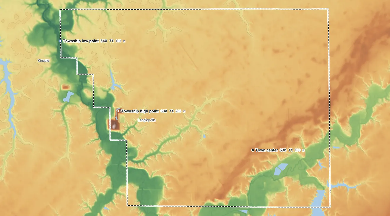 Topographic elevation map of Taylorville Township, Illinois, shaded from 540 ft on the northwest side to 680 ft on the west side