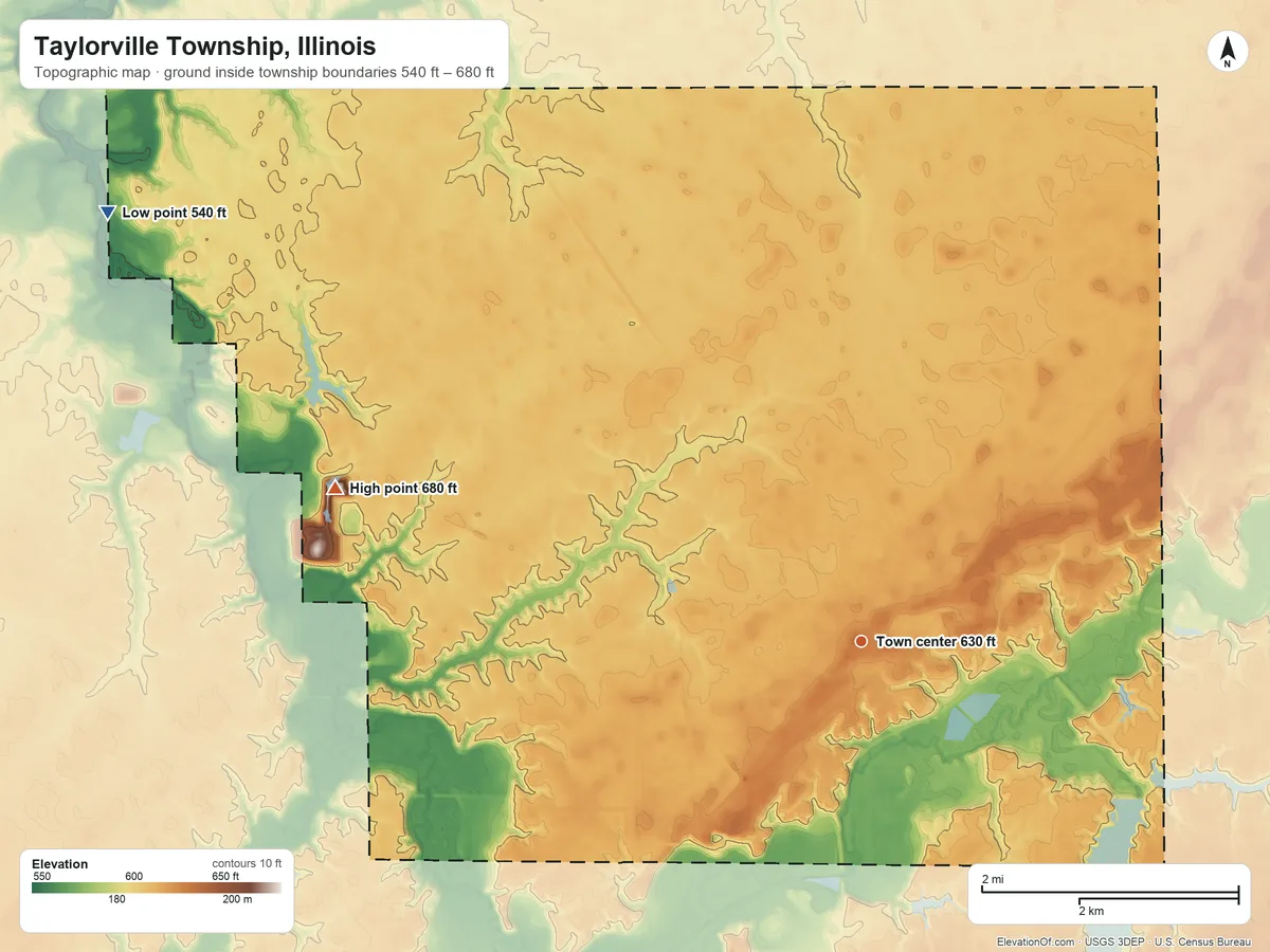 Topographic elevation map of Taylorville Township, Illinois, shaded from 540 ft on the northwest side to 680 ft on the west side