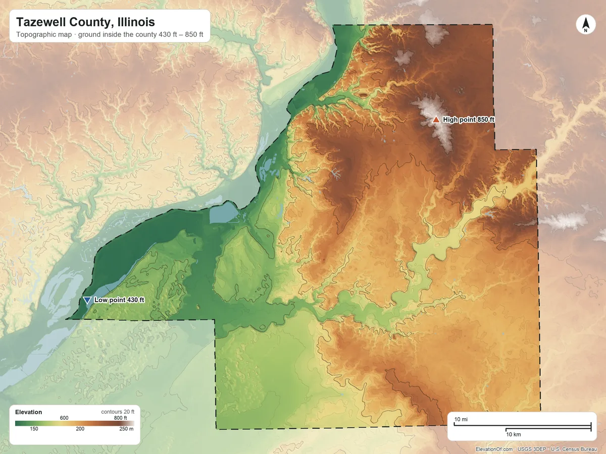 Topographic elevation map of Tazewell County, Illinois, shaded from 430 ft on the west side to 850 ft on the northeast side
