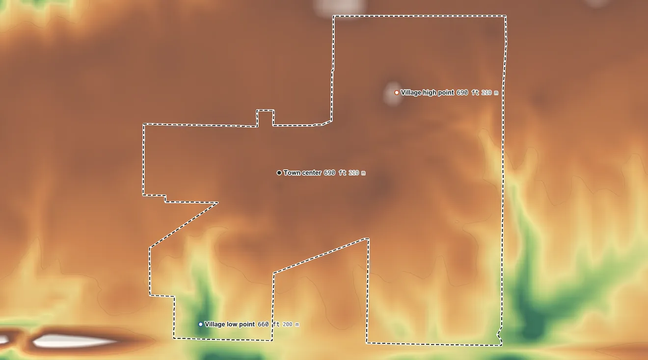 Topographic elevation map of Tennessee, Illinois, shaded from 660 ft on the southwest side to 690 ft on the northeast side