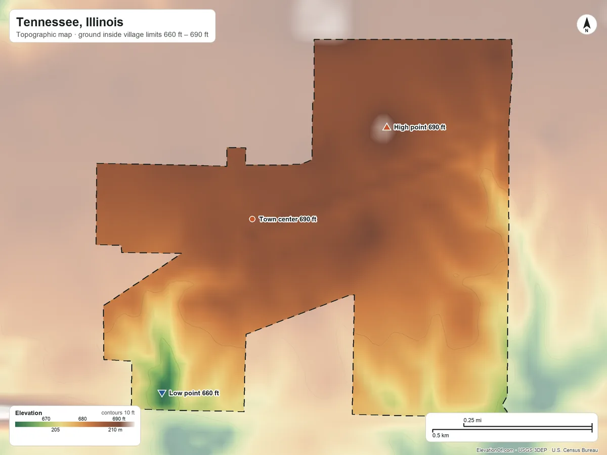 Topographic elevation map of Tennessee, Illinois, shaded from 660 ft on the southwest side to 690 ft on the northeast side