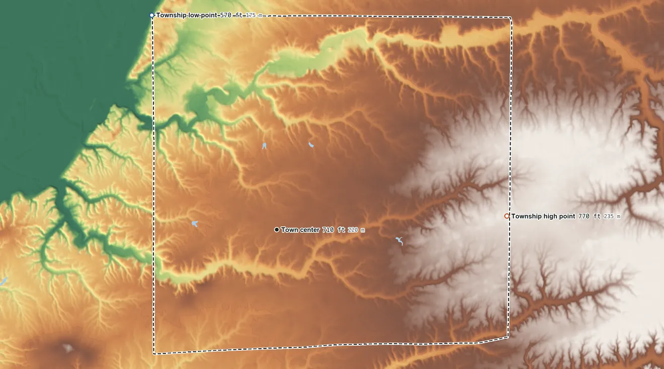 Topographic elevation map of Terre Haute Township, Illinois, shaded from 570 ft on the northwest side to 770 ft on the east side