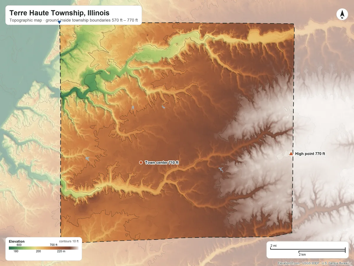 Topographic elevation map of Terre Haute Township, Illinois, shaded from 570 ft on the northwest side to 770 ft on the east side