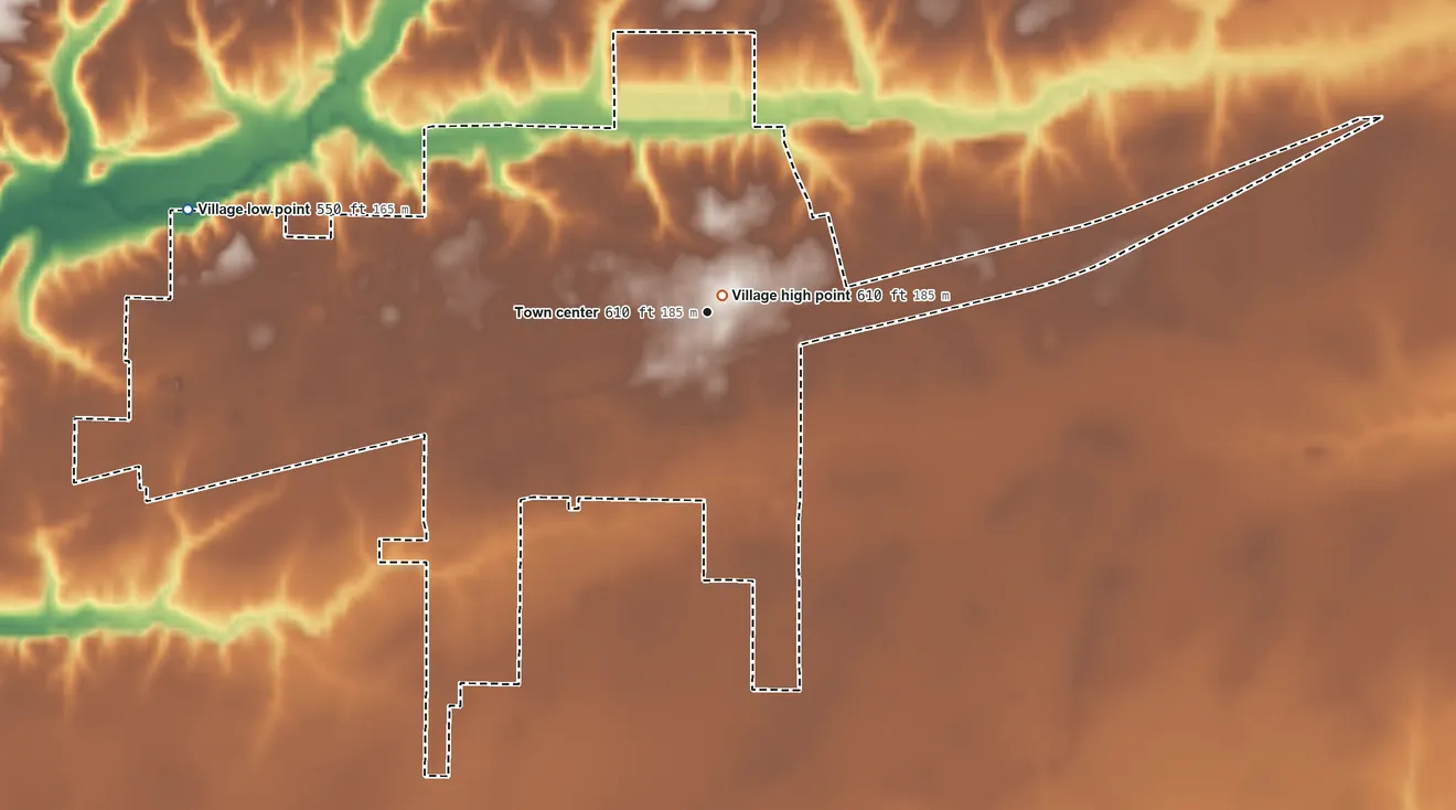 Topographic elevation map of Teutopolis, Illinois, shaded from 550 ft on the west side to 610 ft near the middle