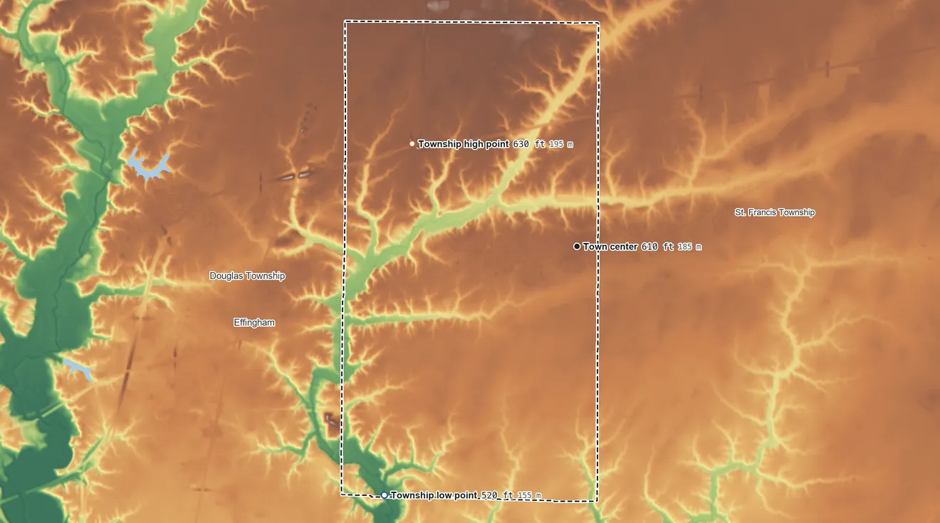 Topographic elevation map of Teutopolis Township, Illinois, shaded from 520 ft on the southwest side to 630 ft on the northwest side