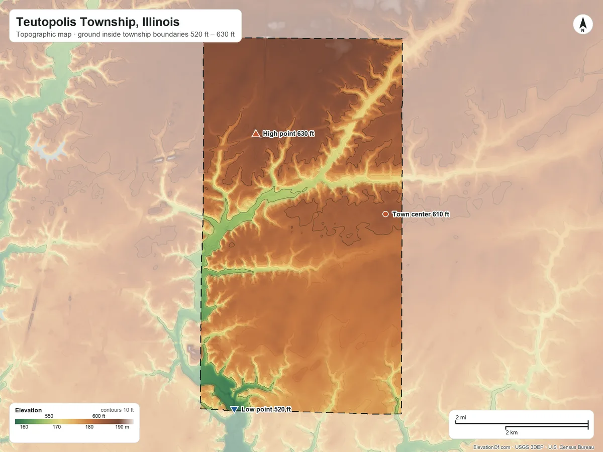 Topographic elevation map of Teutopolis Township, Illinois, shaded from 520 ft on the southwest side to 630 ft on the northwest side