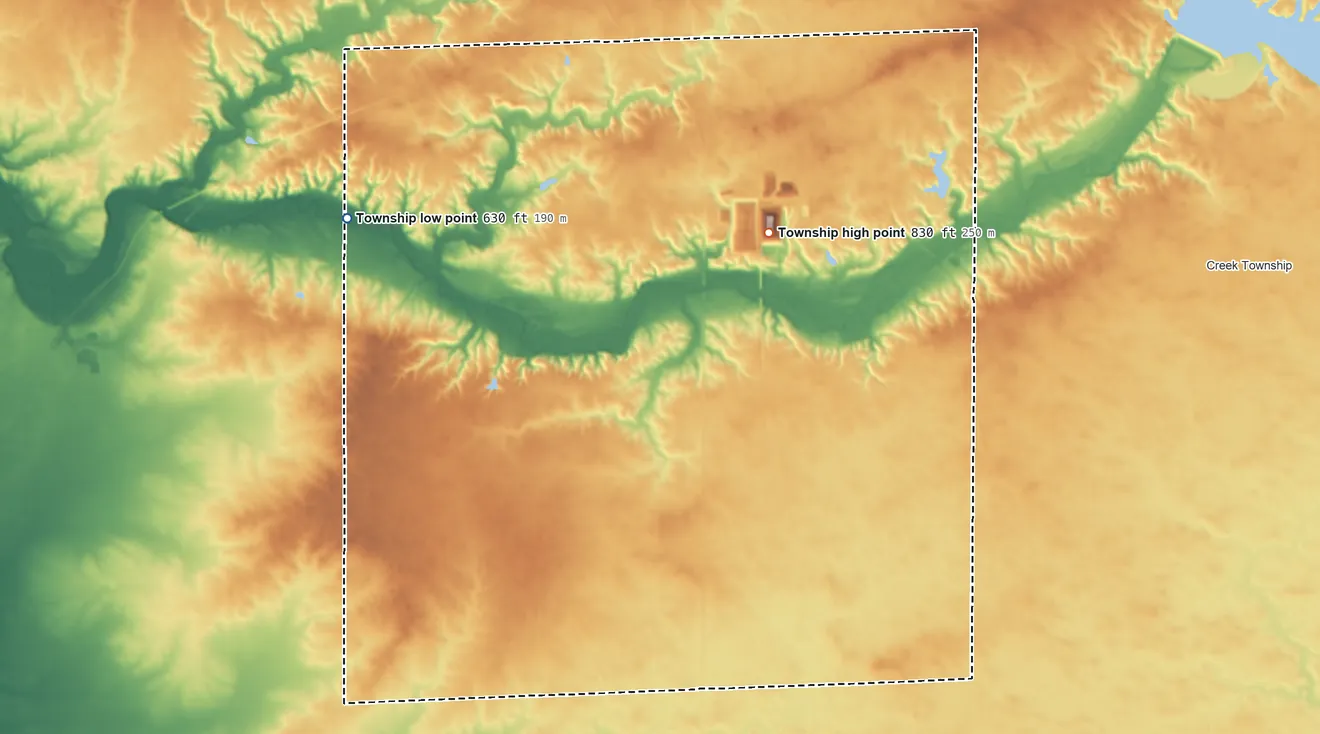 Topographic elevation map of Texas Township, Illinois, shaded from 630 ft on the west side to 830 ft on the east side