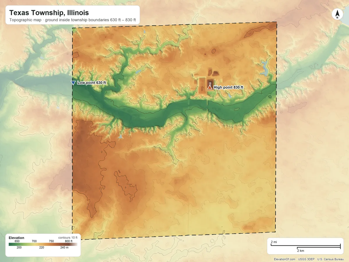 Topographic elevation map of Texas Township, Illinois, shaded from 630 ft on the west side to 830 ft on the east side