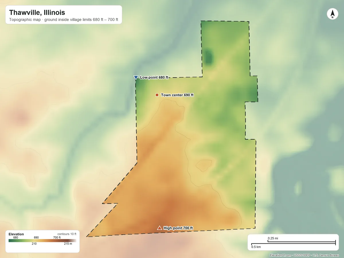 Topographic elevation map of Thawville, Illinois, shaded from 680 ft near the middle to 700 ft on the south side
