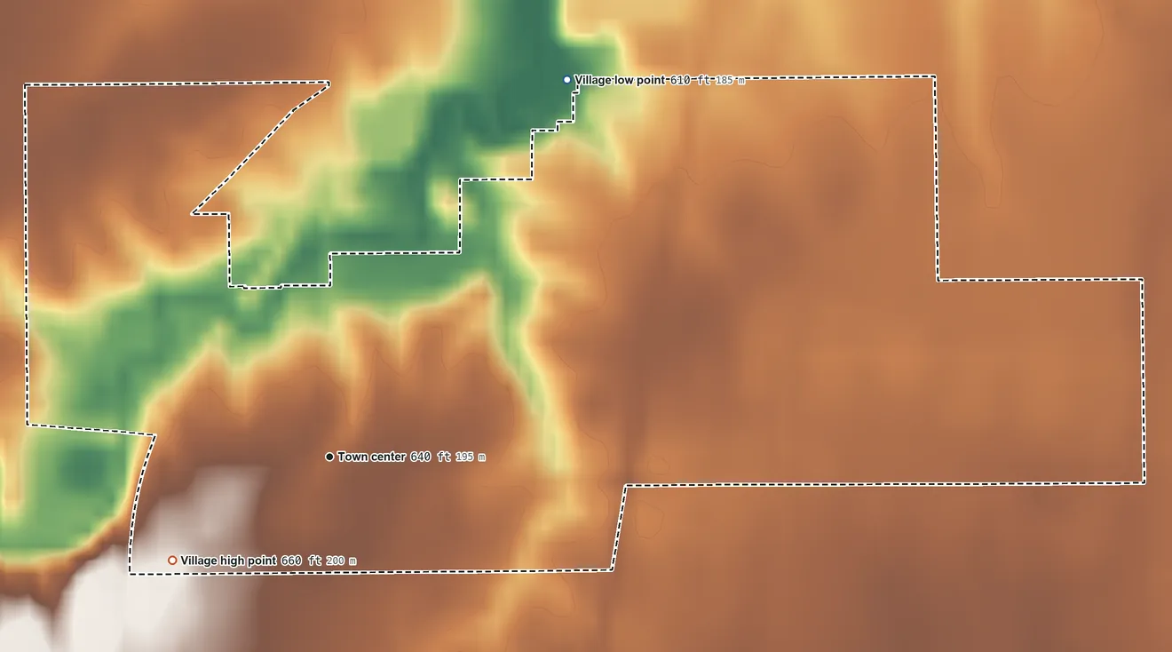 Topographic elevation map of Thayer, Illinois, shaded from 610 ft on the northeast side to 660 ft on the southwest side