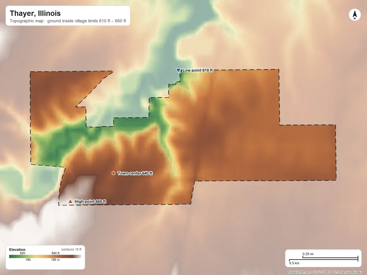 Topographic elevation map of Thayer, Illinois, shaded from 610 ft on the northeast side to 660 ft on the southwest side