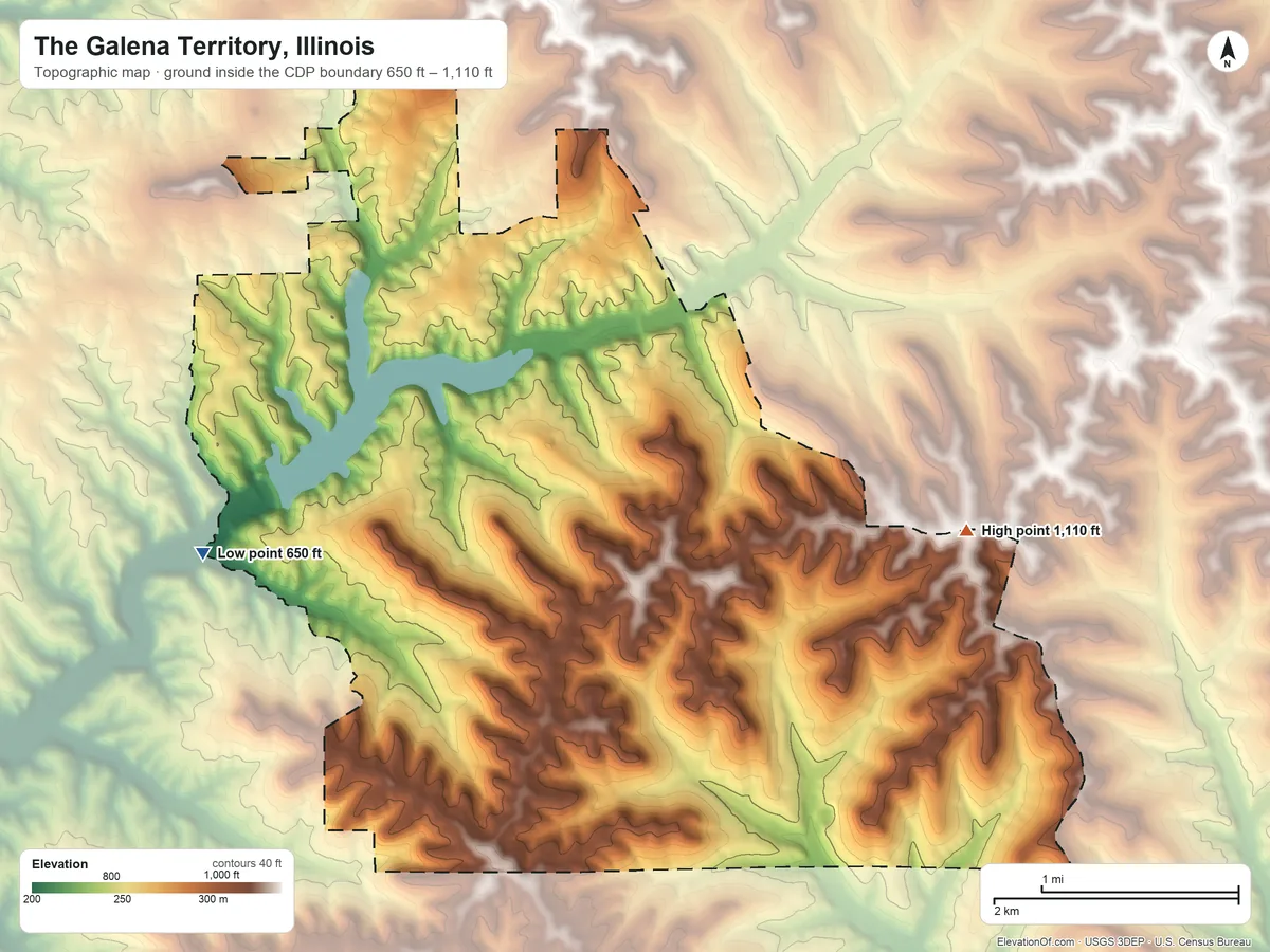 Topographic elevation map of The Galena Territory, Illinois, shaded from 650 ft on the west side to 1,110 ft on the east side