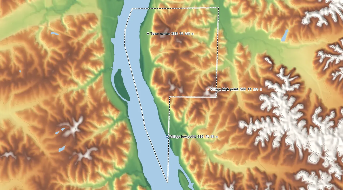 Topographic elevation map of Thebes, Illinois, shaded from 310 ft on the south side to 500 ft on the southeast side