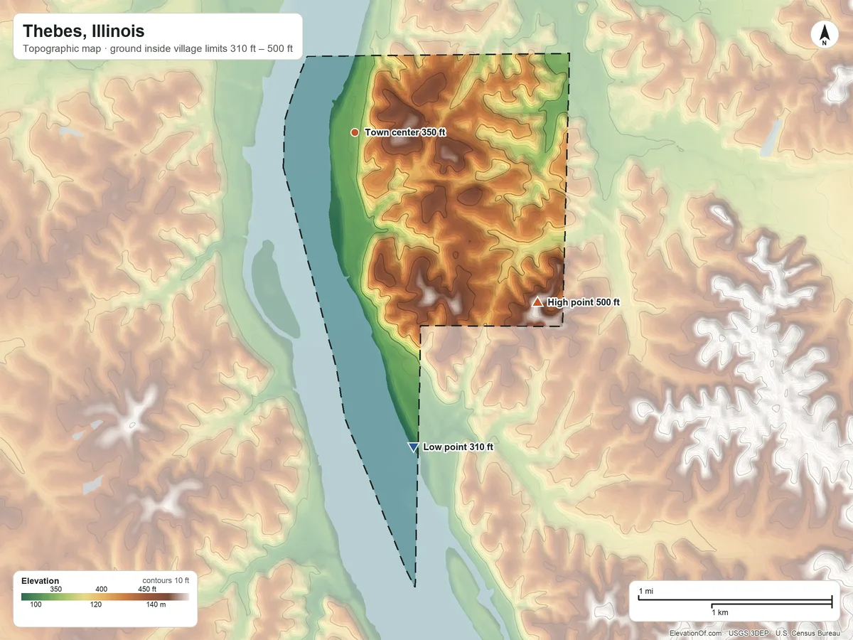 Topographic elevation map of Thebes, Illinois, shaded from 310 ft on the south side to 500 ft on the southeast side