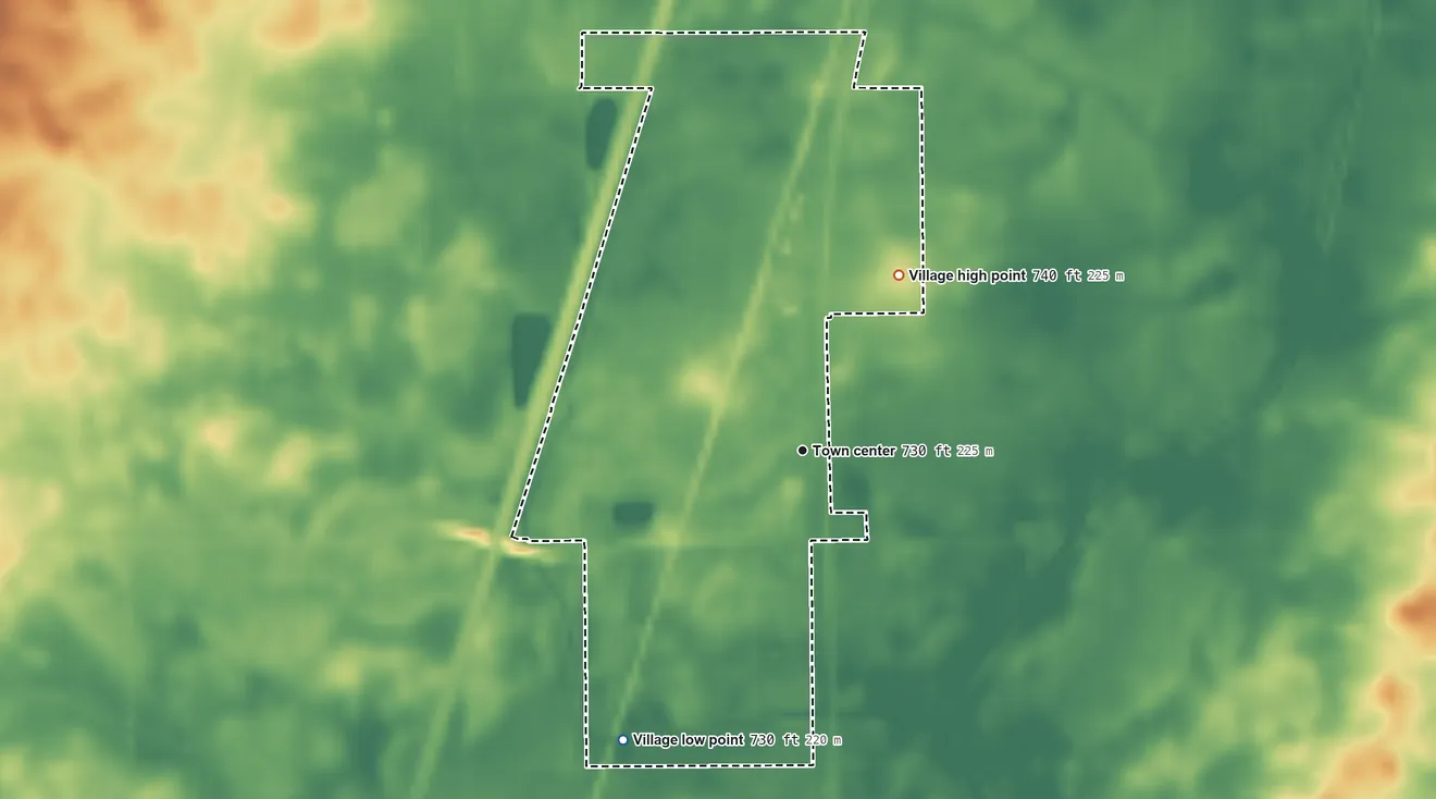 Topographic elevation map of Thomasboro, Illinois, shaded from 730 ft on the southwest side to 740 ft on the northeast side