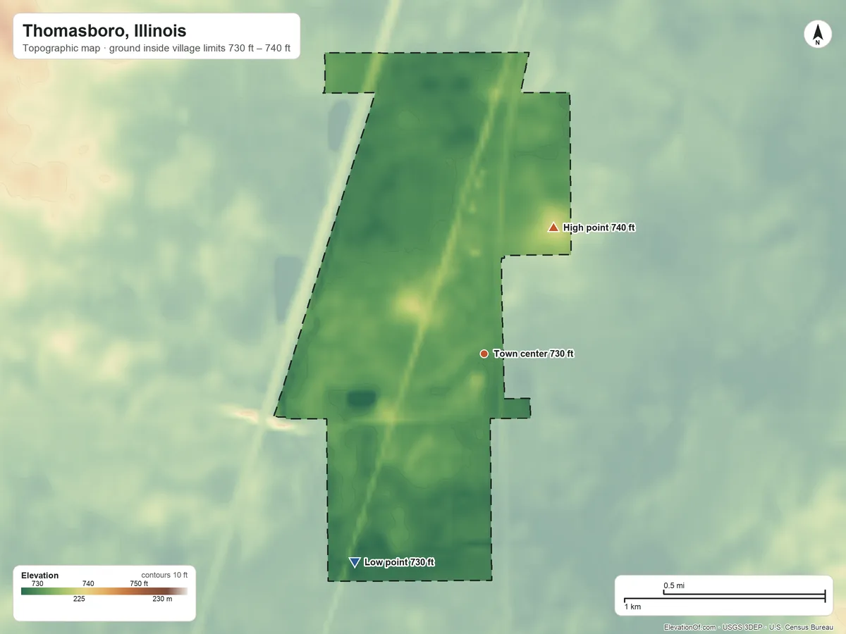 Topographic elevation map of Thomasboro, Illinois, shaded from 730 ft on the southwest side to 740 ft on the northeast side