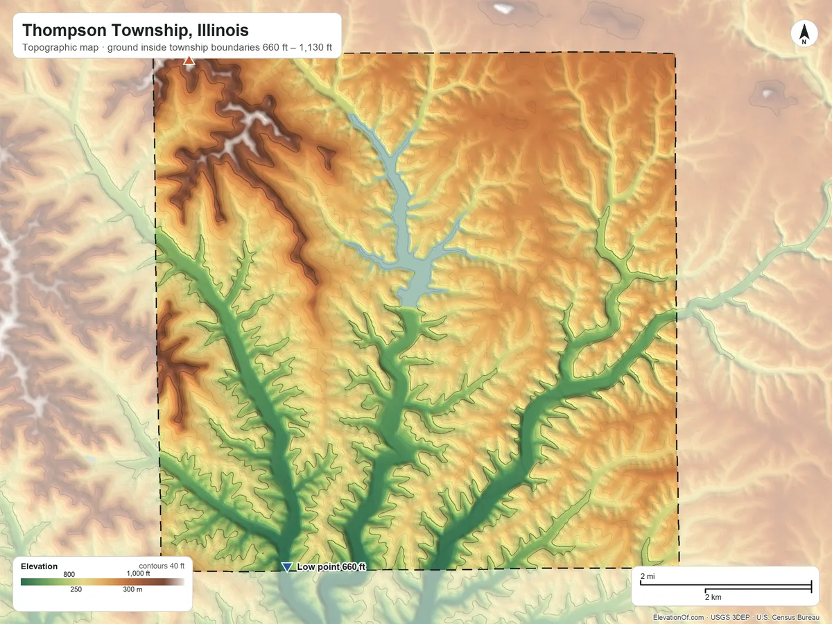 Topographic elevation map of Thompson Township, Illinois, shaded from 660 ft on the south side to 1,130 ft on the northwest side