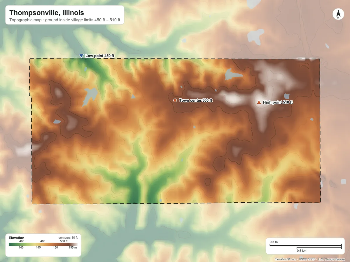 Topographic elevation map of Thompsonville, Illinois, shaded from 450 ft on the northwest side to 510 ft on the east side