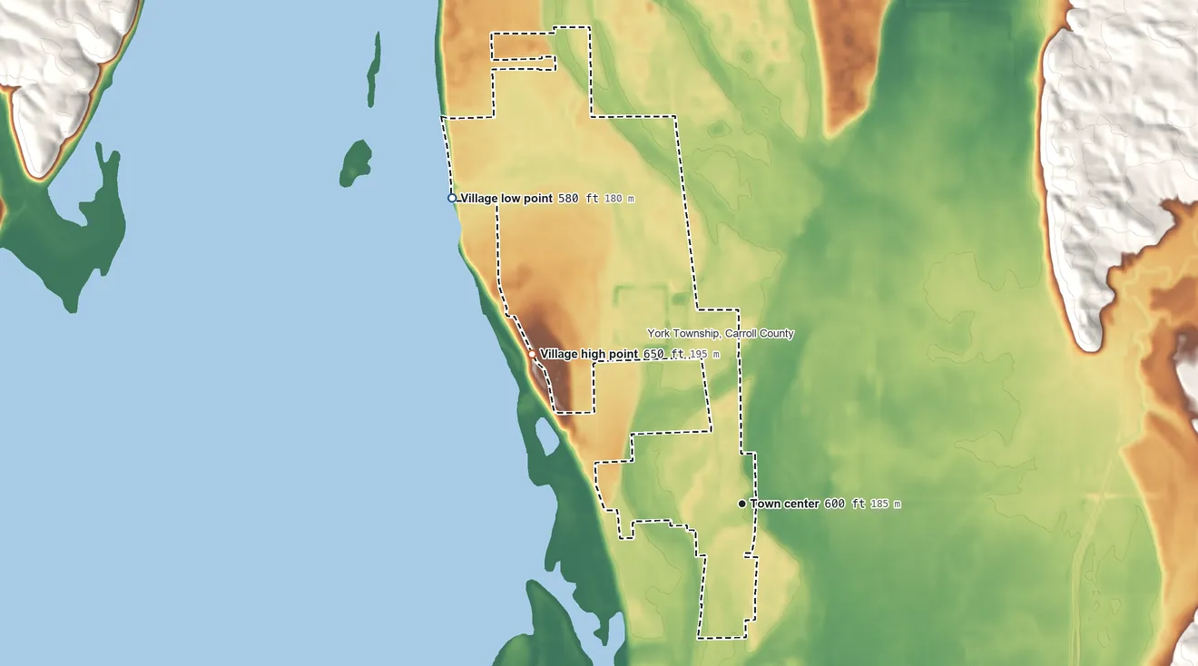 Topographic elevation map of Thomson, Illinois, shaded from 580 ft on the northwest side to 650 ft on the northwest side