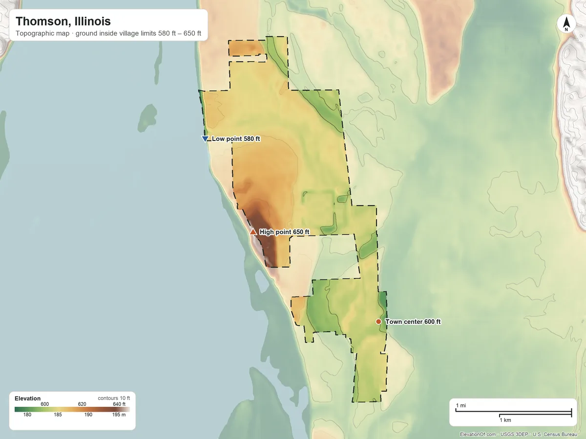 Topographic elevation map of Thomson, Illinois, shaded from 580 ft on the northwest side to 650 ft on the northwest side