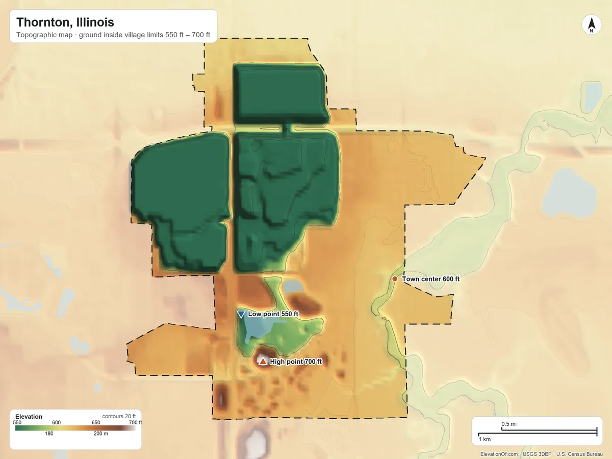 Topographic elevation map of Thornton, Illinois, shaded from 550 ft on the west side to 700 ft on the southwest side
