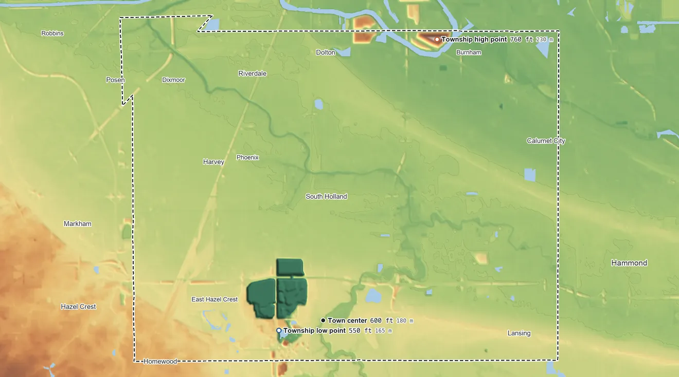 Topographic elevation map of Thornton Township, Illinois, shaded from 550 ft near the middle to 760 ft on the north side
