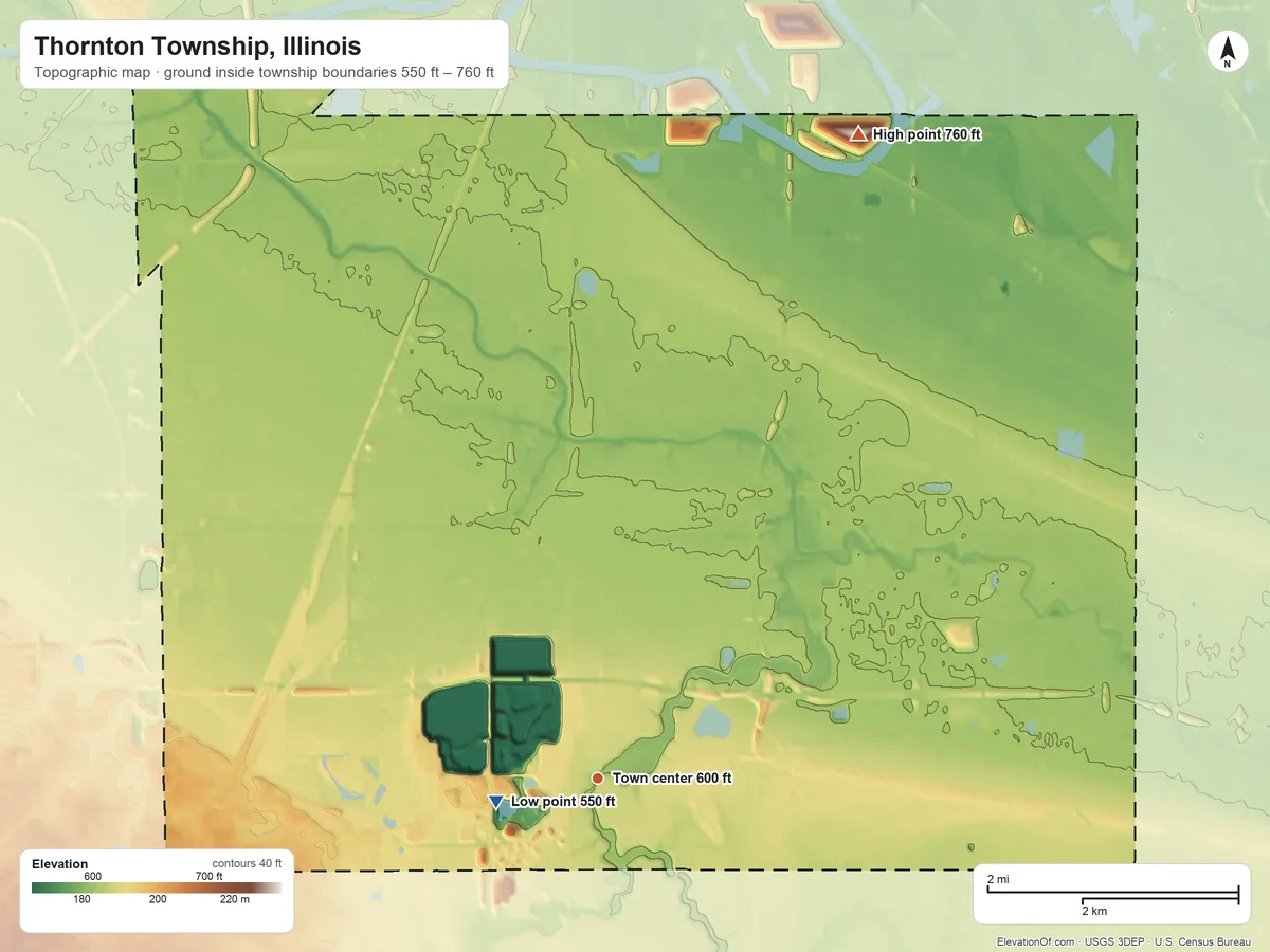 Topographic elevation map of Thornton Township, Illinois, shaded from 550 ft near the middle to 760 ft on the north side