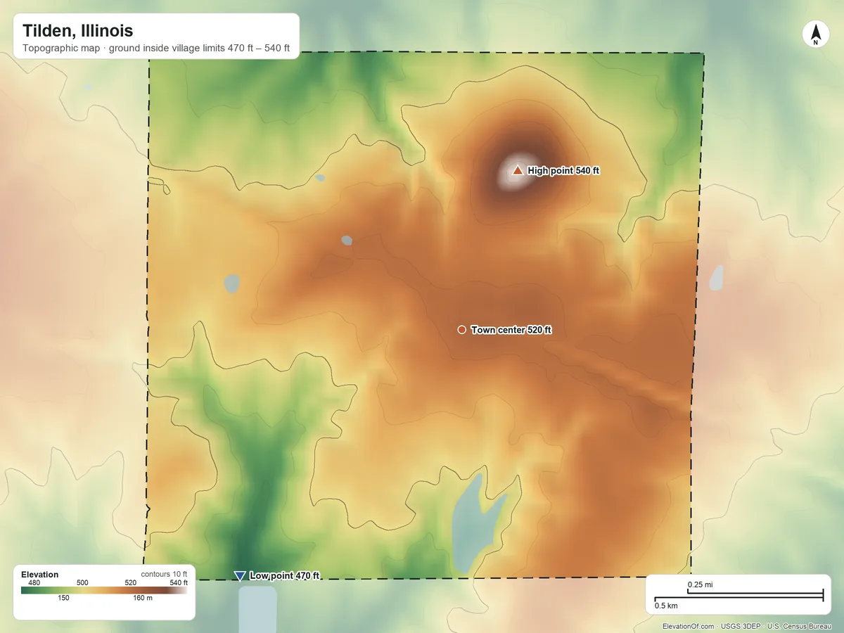 Topographic elevation map of Tilden, Illinois, shaded from 470 ft on the southwest side to 540 ft on the north side